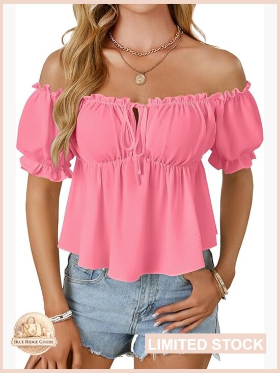 Tops - Off Shoulder Ruffle Trim Puff Sleeve Tie Front Peplum Blouse Babydoll Top